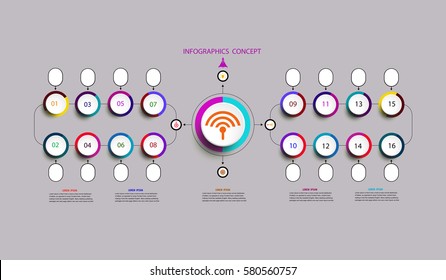 Vector infographics timeline design template for business concept and icons. Can be used for workflow layout, diagram, number options, step up options, web design, Presentations with 16 steps options.