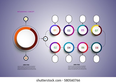 Vector infographics timeline design template for business concept and icons. Can be used for workflow layout, diagram, number options, step up options, web design, Presentations with 8 steps options.