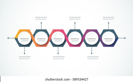 Vector infographics timeline design template with 3D paper label, integrated circles for 6 steps process. Blank space for content, business, infographic, flowchart, diagram, time line, infograph