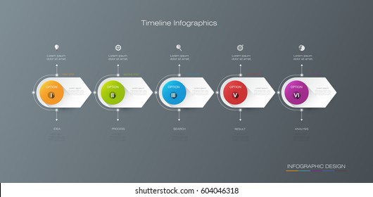 Vector infographics timeline design template with label design and icons, 5 options or steps. Can be used for content, business, infographic, diagram, flowchart, process diagram, time line