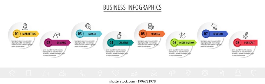 Vector infographics or timeline eight circles cards connected by arrows. Business concept of 8 steps. Design template for diagram, flowchart, content, levels, chart, processes diagram