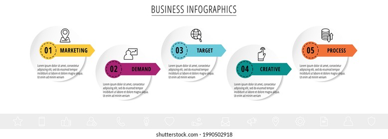 Vector infographics or timeline five circles cards connected by arrows. Business concept of 5 steps. Design template for flowchart, content, levels, chart, processes diagram