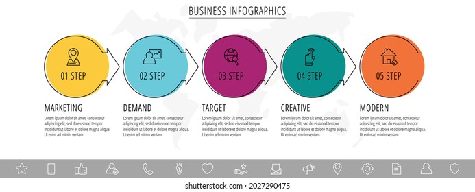 Vector infographics or timeline five circles cards connected by arrows. Business concept of 5 steps. Design template for flowchart, content, levels, chart, processes diagram