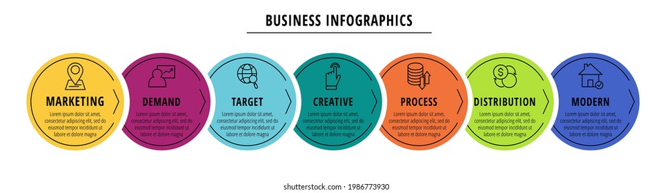 Vector infographics or timeline seven circles cards connected by arrows. Business concept of 7 steps. Design template for diagram, banner, workflow layout, presentations, flowchart, content