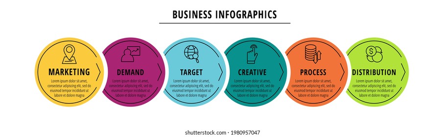 Infografía vectorial o línea de tiempo seis tarjetas de círculos conectadas por flechas. Concepto de negocio de 6 pasos. Plantilla de diseño para diagrama, web, banner, diseño de flujo de trabajo, diagrama de procesos