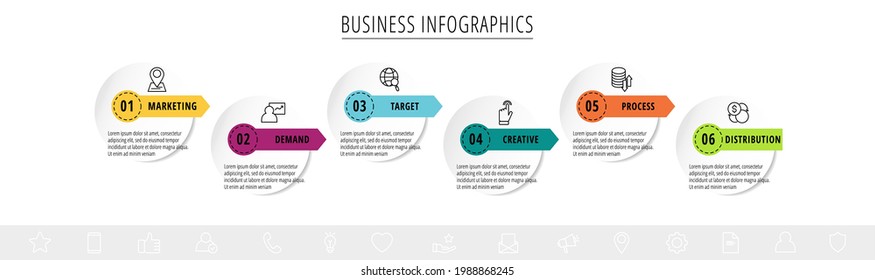 Vector infographics or timeline six circles cards connected by arrows. Business concept of 6 steps. Design template for diagram, web, banner, workflow layout, processes diagram