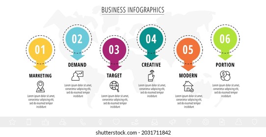 Infografía vectorial o línea de tiempo seis tarjetas de círculos conectadas por flechas. Concepto de negocio de 6 pasos. Plantilla de diseño para diagrama, web, banner, diseño de flujo de trabajo, diagrama de procesos
