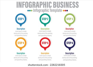 Vector infographics or timeline Six circles cards connected by arrows. Business concept of 6 steps. Design template for diagram, web, banner, workflow layout