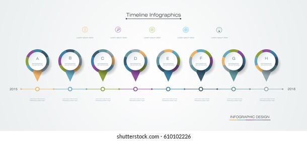 Vector infographics timeline template with label design, 8 options or steps. For content, business, process infographics, diagram chart, digital network, flowchart, process diagram, time line