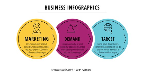 Infografía vectorial o línea de tiempo tres tarjetas de círculos conectadas por flechas. Concepto de negocio de 7 pasos. Plantilla de diseño para diagrama, web, banner, diseño de flujo de trabajo