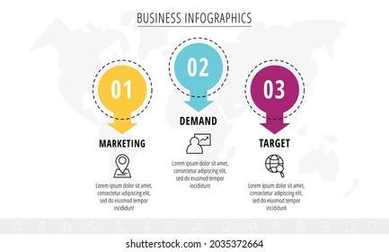 Infografía vectorial o línea de tiempo tres tarjetas de círculos conectadas por flechas. Concepto de negocio de 3 pasos. Plantilla de diseño para diagrama, web, banner, diseño de flujo de trabajo