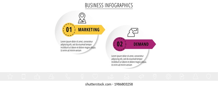 Vector infographics or timeline two circles cards connected by arrows. Business concept of 2 steps. Design template for diagram, presentations, levels, chart, processes diagram