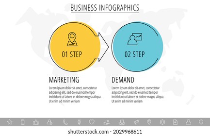 Vector infographics or timeline two circles cards connected by arrows. Business concept of 2 steps. Design template for diagram, presentations, levels, chart, processes diagram