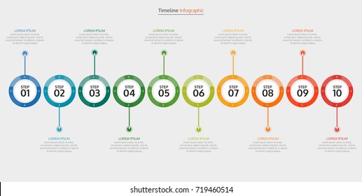 Vector Infographics.Timeline With 10 Steps Arrows, Circles.Vector Linear Infographic Element.