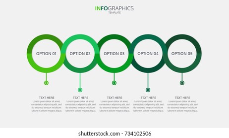 Vector Infographics.Timeline with 5 options, circles, green concept.Vector linear infographic element.Vector eps10 illustration.