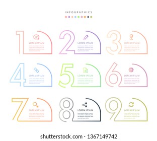 Vector inforgraphic design UI template colorful gradient 9 number labels and icons. Ideal for business concept presentation banner workflow lyaout and process diagram.