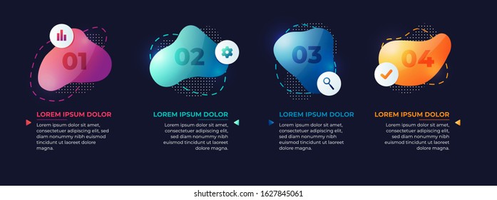 Vector inforgraphic fluid step template design. Trendy style colorful yellow, green, blue ,pink gradient four page illustration element for infographic presentation, web, flowchart, report and others.