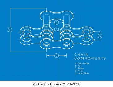 Vector information blueprint about the individual parts of the bicycle chain. Component parts. Blue background
