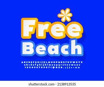 Información de vectores firma Free Beach con elemento de decoración. Se han establecido las letras y números de los alfabetos más pegados. Fuente creativa azul y blanco