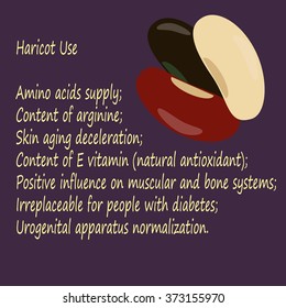 Vector informative image with some kinds of haricot beans isolated on violet and augmented with useful text. Can be used as illustration for medicinal, biological and other sources. Design element.