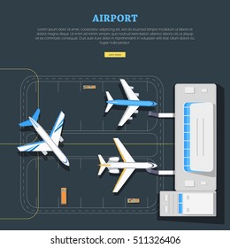 Vector informative picture about airport structure and location planes. Main building, runway, lorry with luggage, bus with passengers on illustration. For aviation websites, airport scheme.