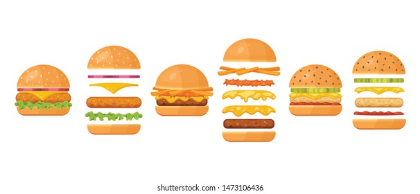 Vector ingredients for classic burger isolated on white. Ingredients: bun, cutlet, cheese, bacon, sauce, buns, tomato, onion, cucumbers, beefs ham. Fast food ingredient for burgers.