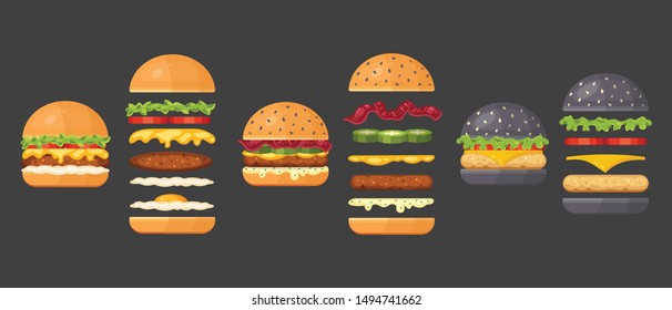 Vector ingredients for classic burger isolated on white. Ingredients: bun, cutlet, cheese, bacon, sauce, buns, tomato, onion, cucumbers, beefs ham. Fast food ingredient for burgers.