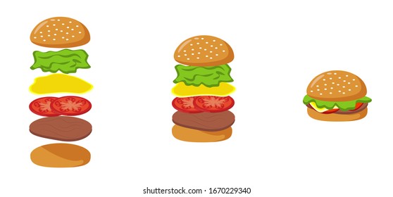 Vector ingredients for a classic Burger isolated on white. Ingredients: bun, cutlet, cheese, tomato, lettuce. Fast food ingredient for burgers.