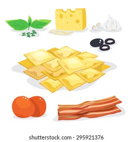 Vector of ingredients for making ravioli on white background.