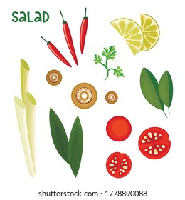 Vector ingredients for salad. Basil, chili pepper, mushroom, lemongrass, cherry tomato, lime, Punch, leek. Food illustration on white background