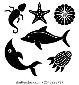 Vector Inhabitants of the ocean. Marine life icons set. Sea life set of silhouettes. Vector illustration. on white background.