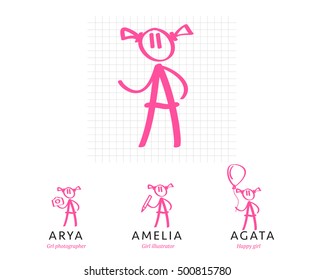 Vector initial A for girls, letter A stylized as cute girl