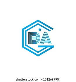 Vector Initial letter BA, B,A Uppercase linked blue  and star logo isolated on white background. Modern design.