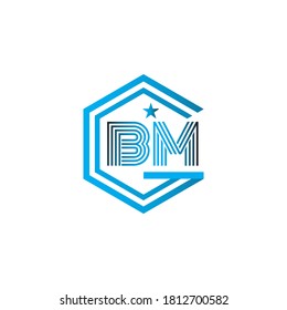 Vector Initial letter BM, B,M Uppercase linked blue  and star logo isolated on white background. Modern design.