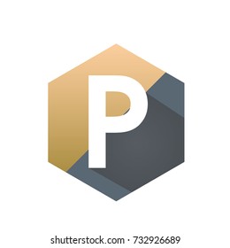 Vector Initial P Golden Hexagon Shape Logo