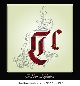 Vector Initials of the English alphabet of holiday ribbon and plants.