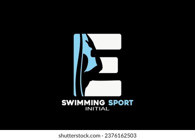 Vector initials letter E with swimming creative geometric modern logo design.