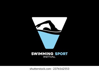 Vector initials letter V with swimming creative geometric modern logo design.