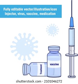 vector of an injector with medical potions. Vaccine, and vaccination of Covid-19, coronavirus, covid elements, virus, medical design elements