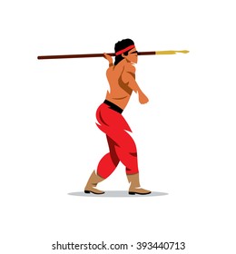 Vector Injun Cartoon Illustration. Apaches Indian Warrior holding spear. Branding Identity Corporate Logo isolated on a white background