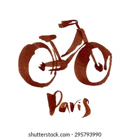 Vector ink bike. Brush pen lettering. Paris bike. 