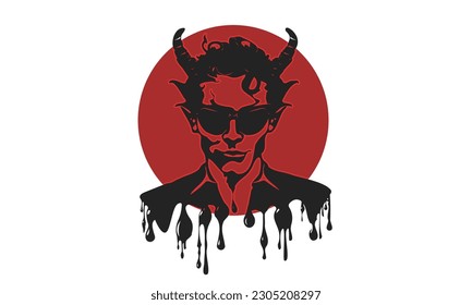 Vector ink black dripping horned graphic satan or devil with glasses on a red circle background. White isolated background.