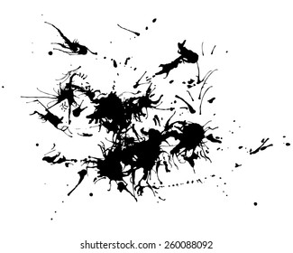Vector Ink blot splatters collection, black spot isolated on white background. Grunge stain abstract elements for design use. Freehand drawing.