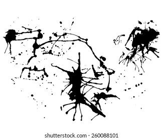 Vector Ink blot splatters collection, black spot isolated on white background. Grunge stain abstract elements for design use. Freehand drawing.