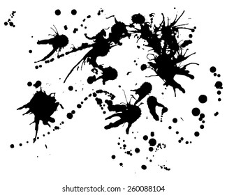Vector Ink blot splatters collection, black spot isolated on white background. Grunge stain abstract elements for design use. Freehand drawing.