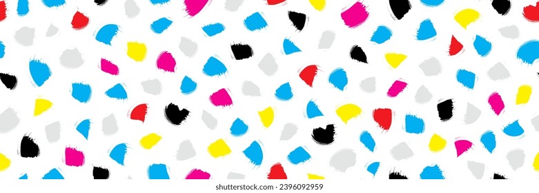 Vector ink brush abstract pattern seamless repeat. Bold brush stroke texture. Hand painted multicolor Korean, Chinese, Japanese ink brush strokes. Isolated grungy elements. Playful confetti background