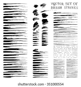 Vector ink brush flourishes. Set of various black strokes isolated on white background.