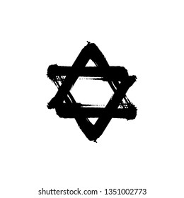 Vector ink brush hand drawn David star. Black grunge israel hebrew icon. Jewish  hanuka symbol on white background. Judaism religion tattoo graphic sketch