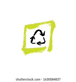 Vector ink brush illustration. Chasing arrows logo icon. Arrows circle in green handdrawn frame isolate on white background. Eco concept, separate waste collection template logo 