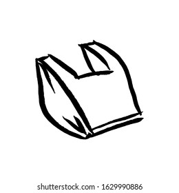 Vector ink brush illustration of plastic bag with handles. Plastic package  isolate on white background. Eco, plastic free concept, save the ocean collection template